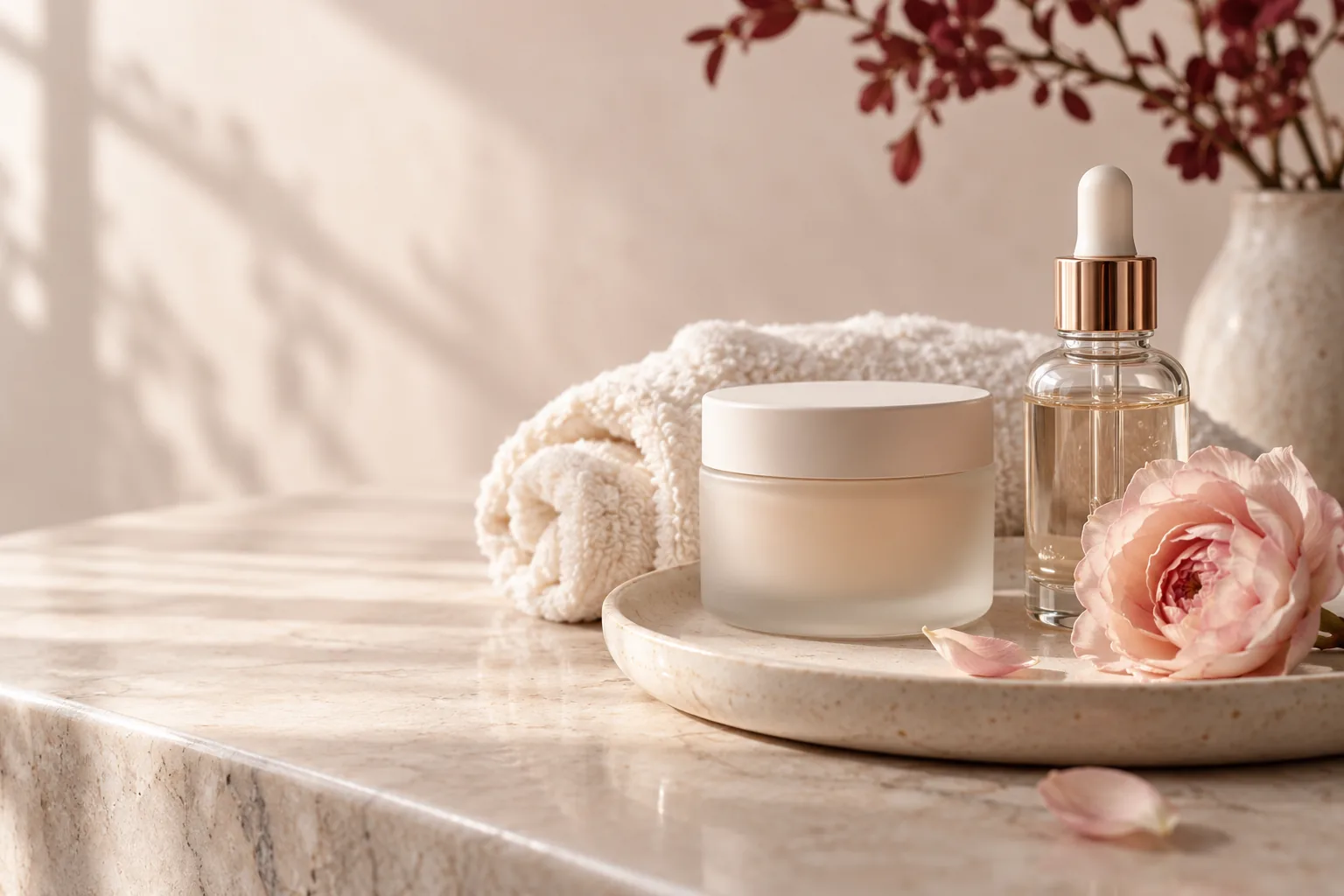 Crema, siero e asciugamano per i trattamenti viso e corpo