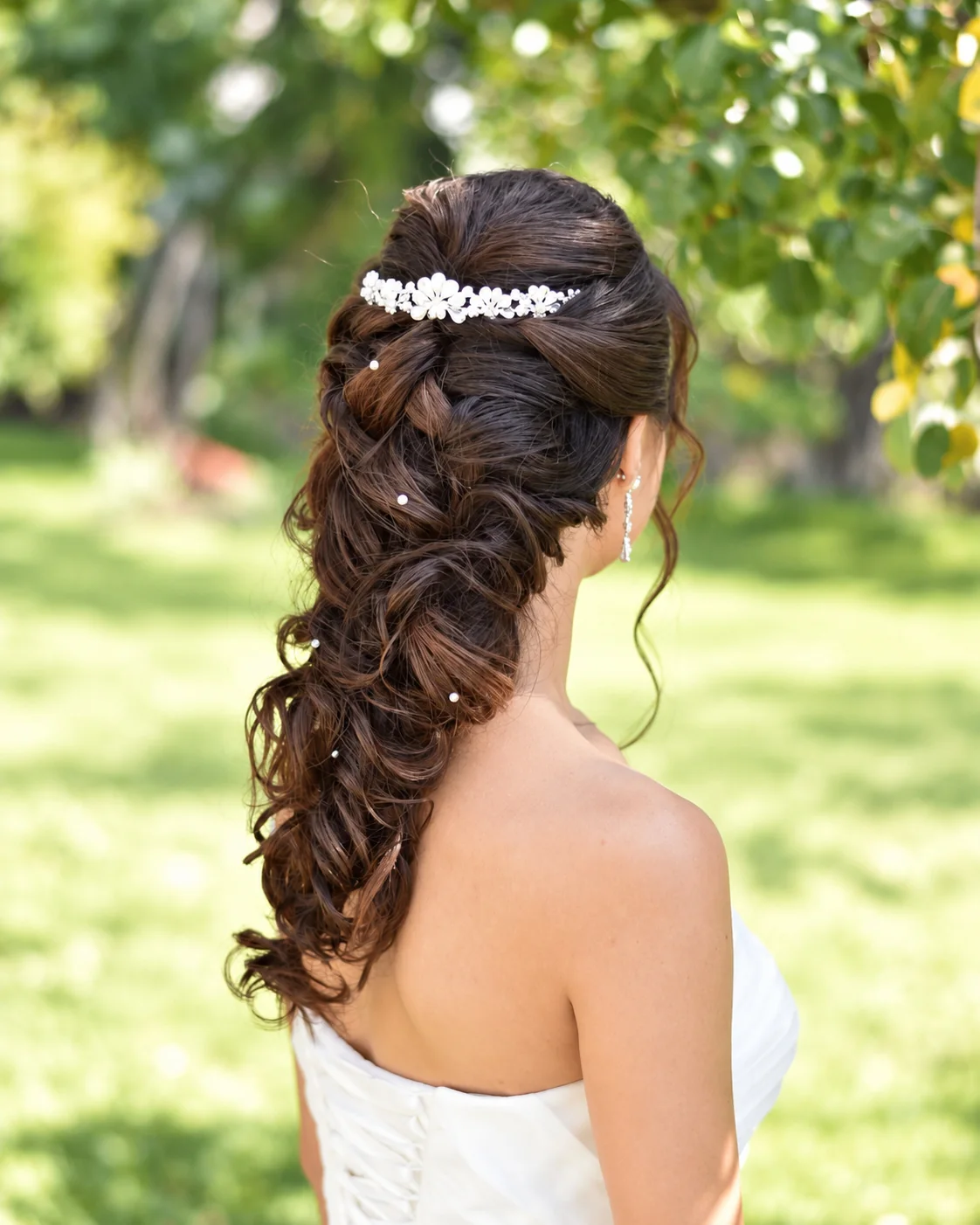 Sposa di spalle con un raccolto a onde, coroncina e perle